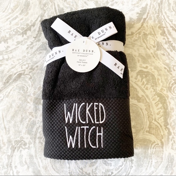 RAE DUNN Wicked Witch & Handsome Devil Hand Towel Set Black White Embroidered - Picture 2 of 6